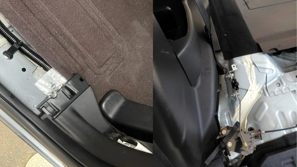 シート下まで広がった汚れを確認する車内清掃作業