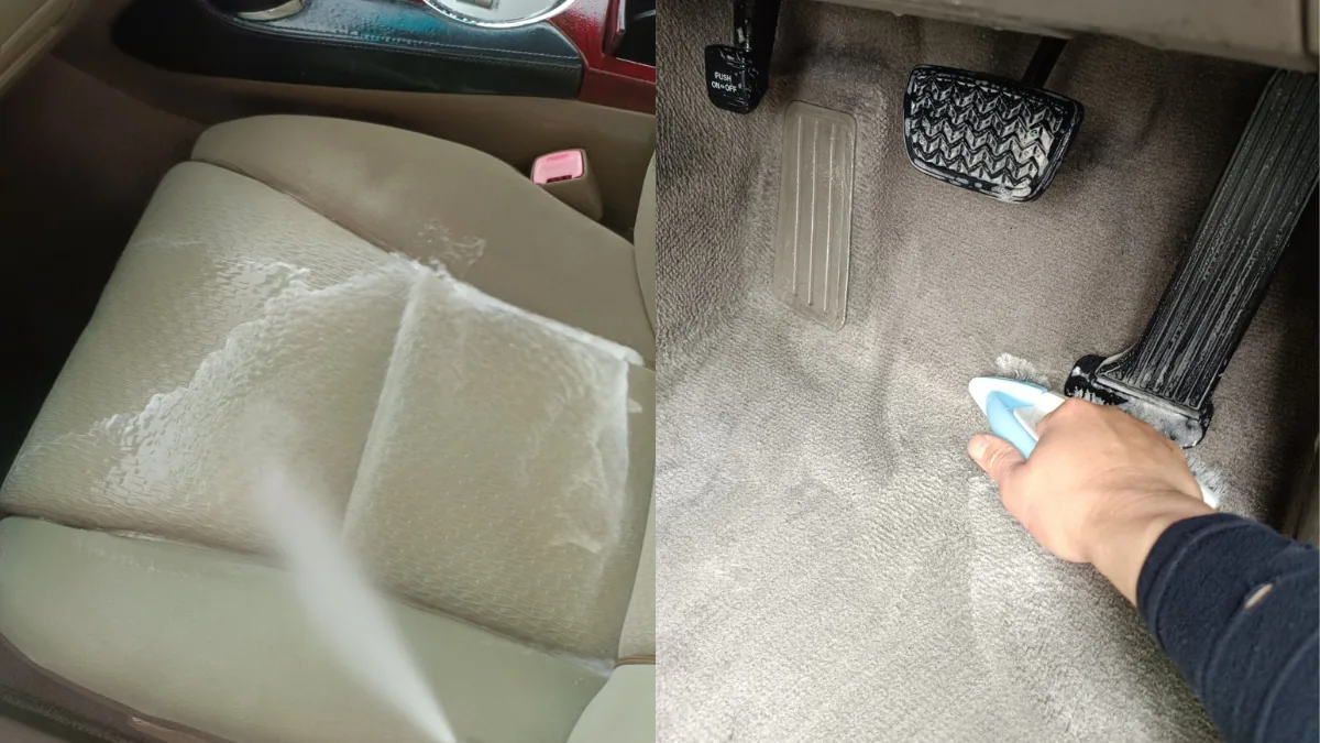 車のシートと足元フロアを洗浄しているイメージ