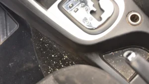 食べ物のくずが落ちた車内の足元