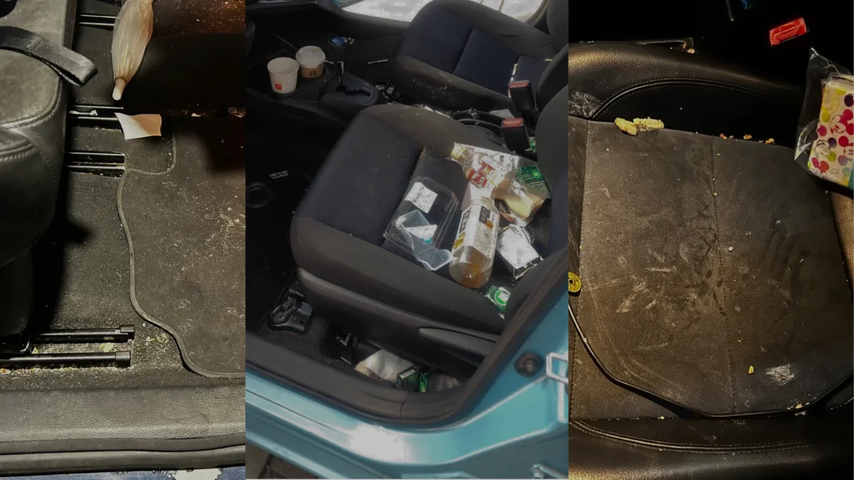 飲み物や食べ物で汚れた車内と座席