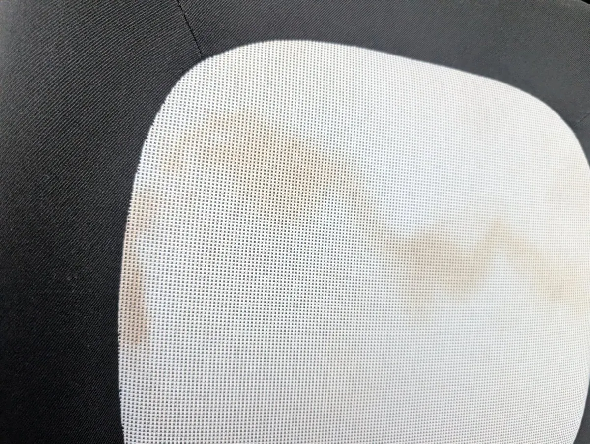 施工前の接写。白っぽいメッシュの生地に、茶色っぽいシミが広がっている