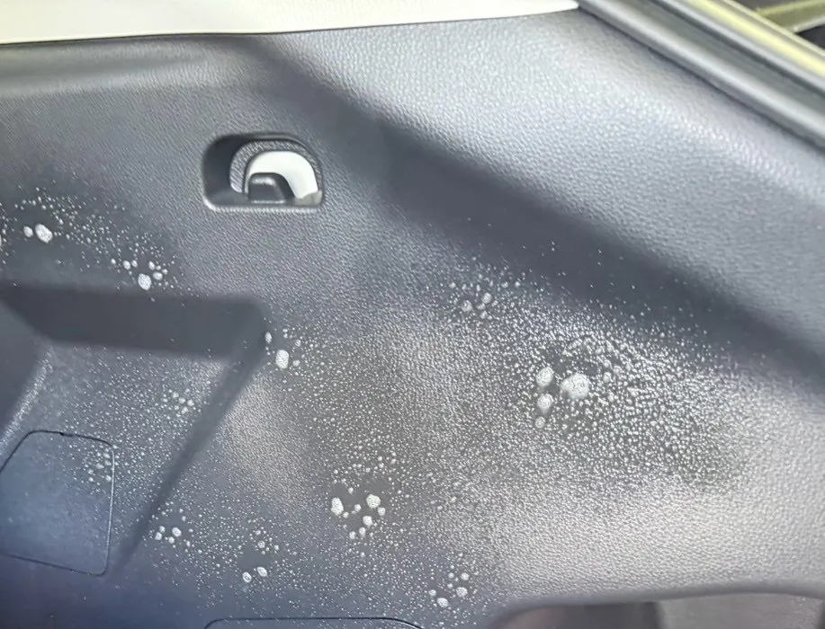 荷室側面の内張り。洗浄剤の泡が面全体に細かく付着している