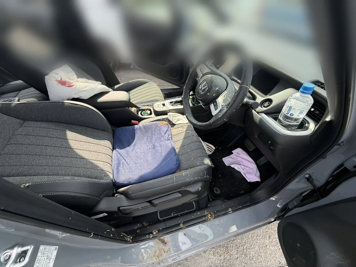 施工前のホンダ フィットの運転席全景。ハンドル・シート・床に汚れが残っている様子