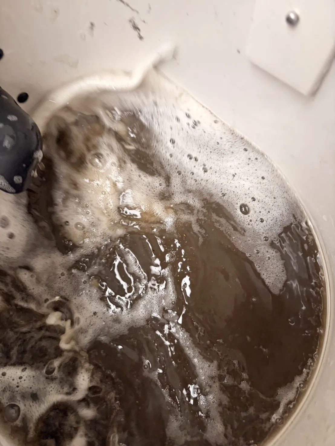 回収した汚水。黒〜茶褐色に濁り、泡立っている