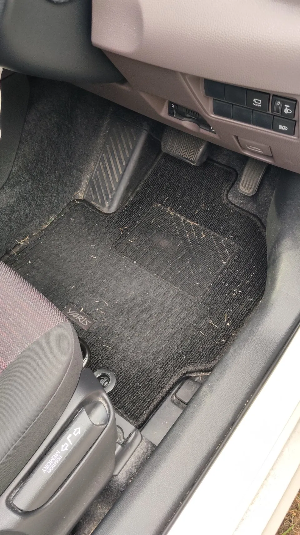 運転席の足元。黒い布のフロアマットに細い枯れ草のようなものが散っている
