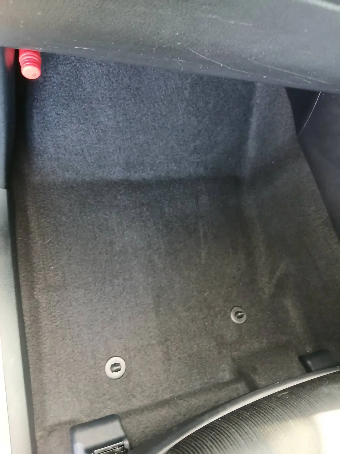 助手席の足元。カーペットが元に戻っており、カーペットの上に汚れや餌の粒は見当たらない