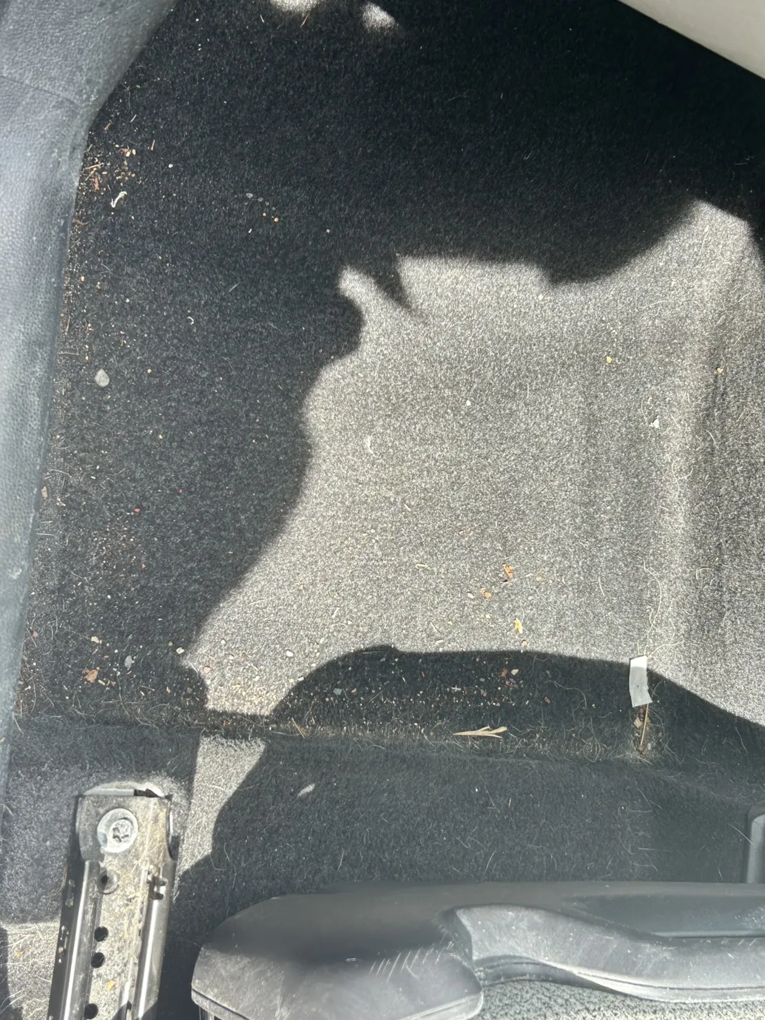 足元の黒い起毛の面。砂粒や細かいゴミ、繊維が散らばっている。左下にシートの金具が写っている